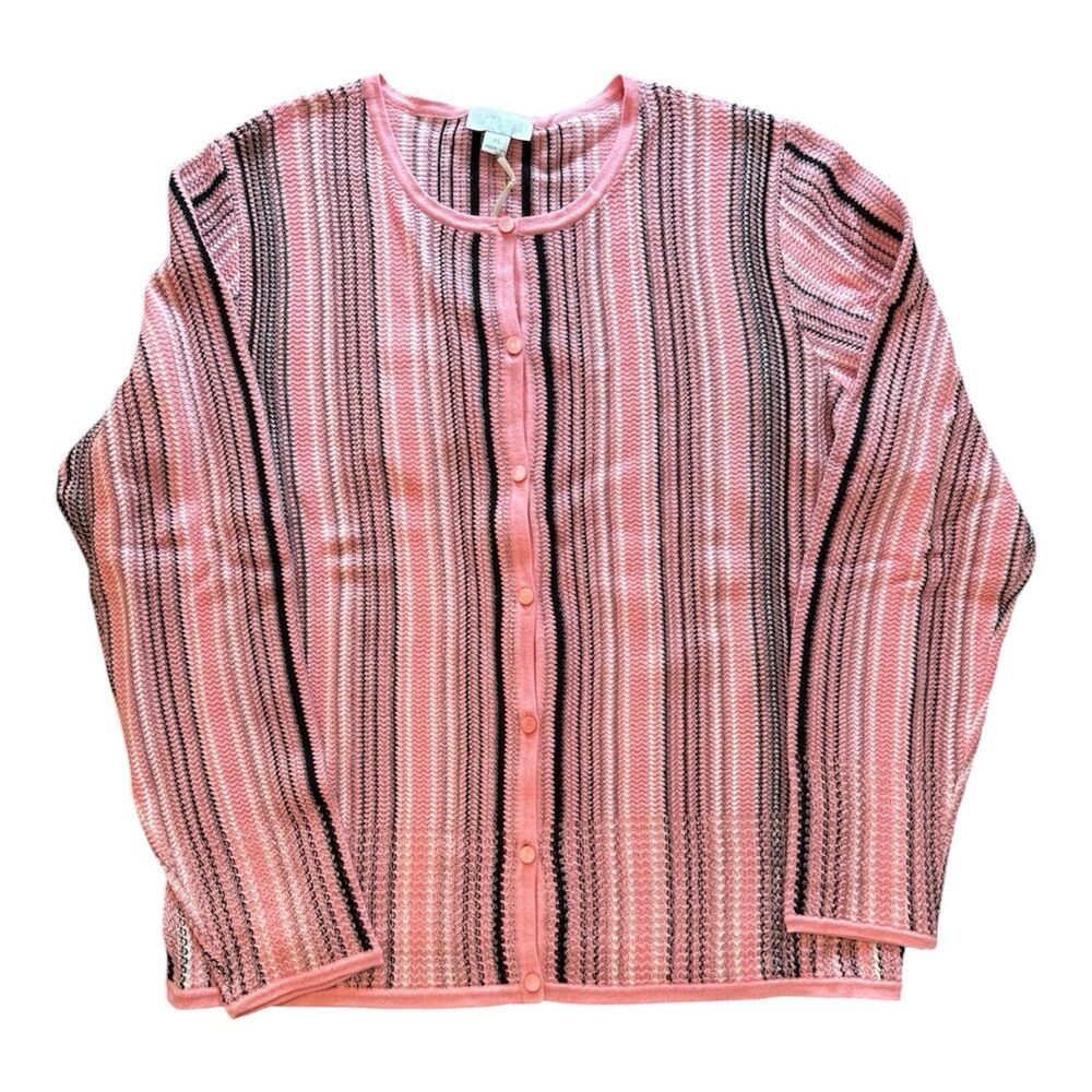 Carlisle NY Pink Black Striped 2 pc Cotton Knit Cardigan & Tank Sweater NWT - XL